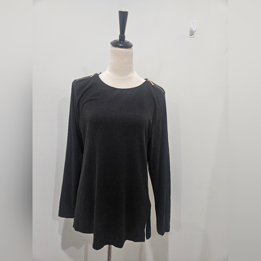 Michael Kors Black Long Sleeve Top Gold Zipper Detail Size Large